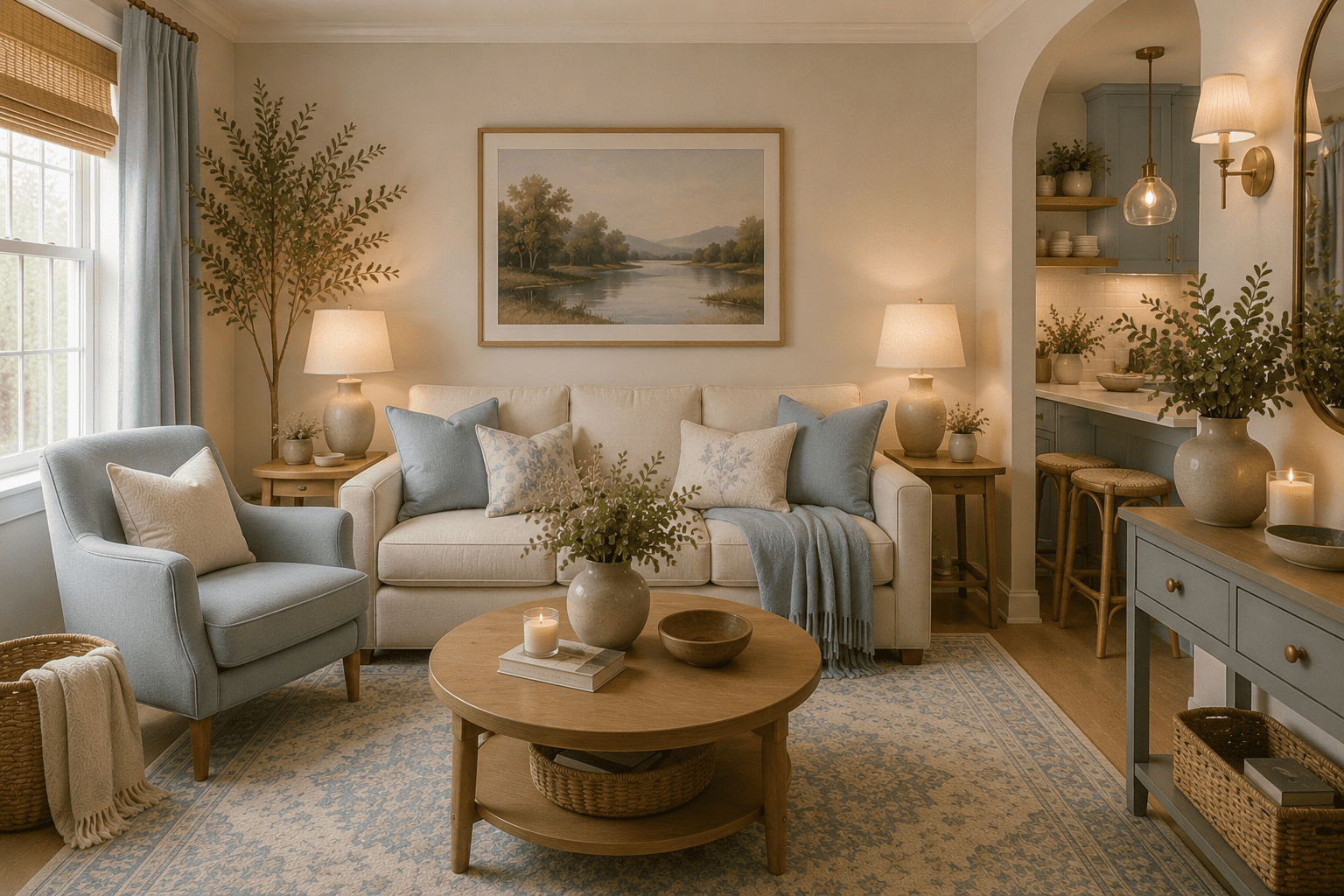 Cozy blue and beige living room with warm lighting, natural textures, wooden furniture, and soft organic American home decor inspiration