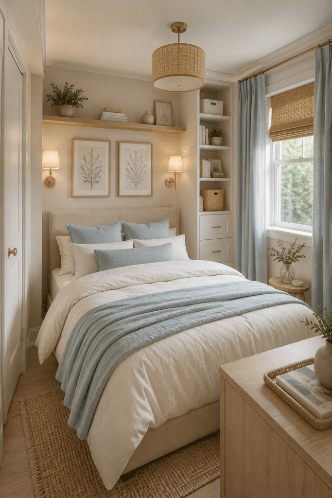 Cozy blue and beige bedroom with layered bedding, warm lighting, natural textures, and a relaxing American home decor style.