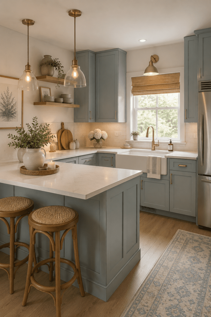 Light blue kitchen cabinets with beige accents, brass fixtures, natural wood stools, and bright cozy American kitchen decor.