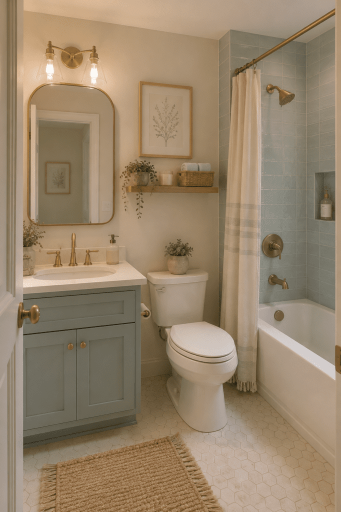 Cozy blue and beige bathroom featuring soft blue tiles, brass fixtures, natural textures, and a clean relaxing atmosphere.