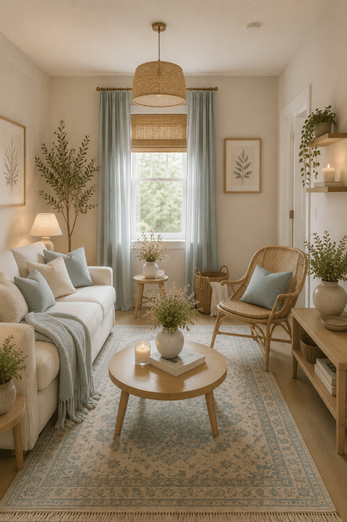 Bright living room with beige sofa, soft blue accents, natural wood furniture, and a warm cozy home feeling.