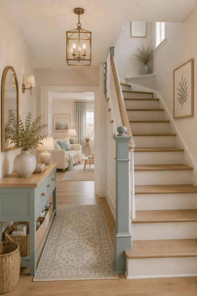 Elegant entryway with blue accents, beige walls, wood console table, greenery, and cozy American farmhouse decor.