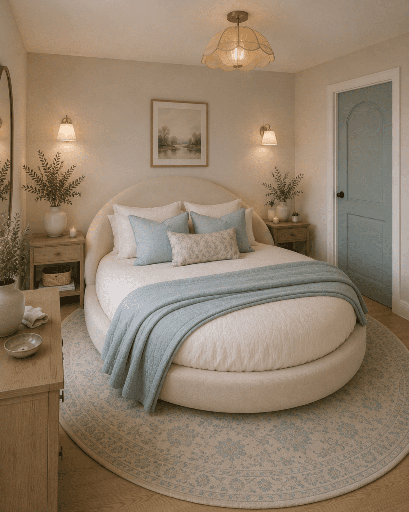 Round upholstered bed with blue and beige bedding, warm lighting, natural wood furniture, and calming bedroom decor.