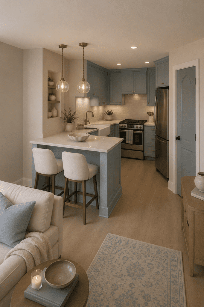 Open-concept living room and kitchen with blue cabinetry, beige furniture, natural textures, and cozy American home decor.