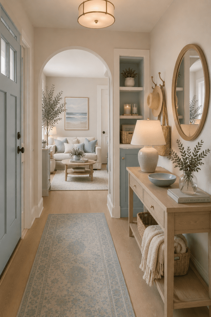 Bright hallway featuring soft blue accents, beige walls, wooden furniture, woven baskets, and cozy home styling