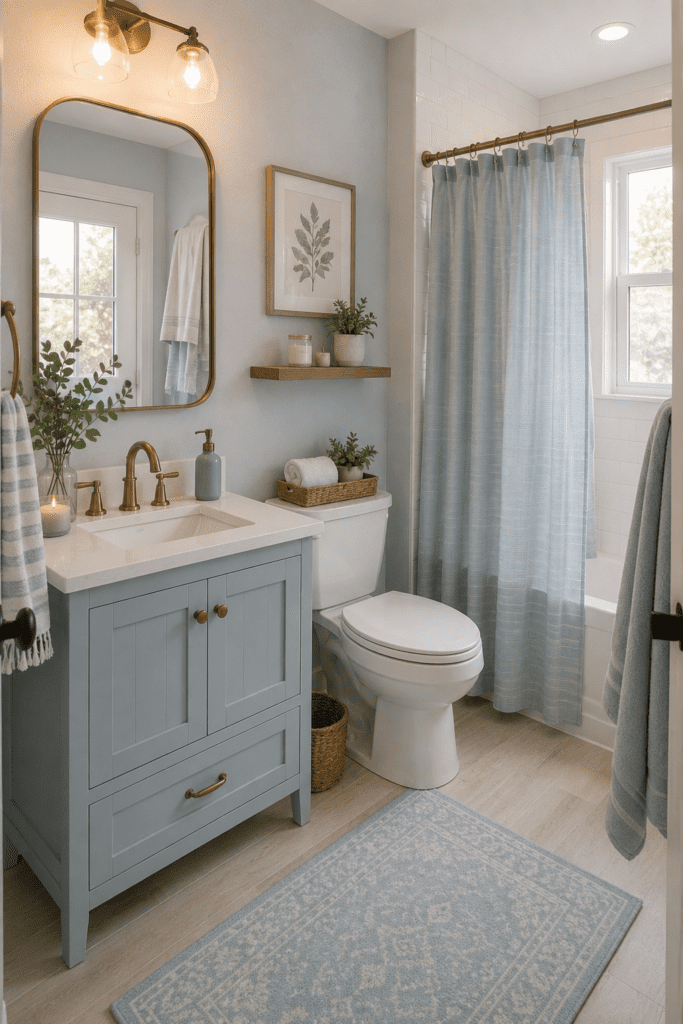 Light blue bathroom vanity with beige details, brass fixtures, natural lighting, and relaxing spa-inspired decor.