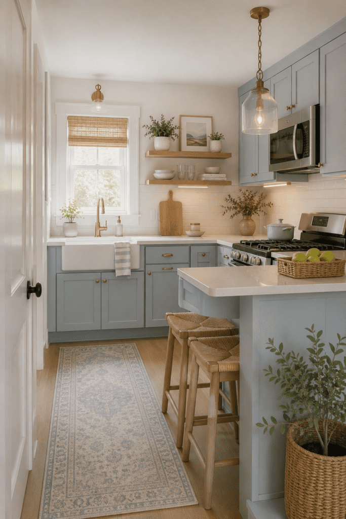 Blue kitchen cabinets with beige countertops, wood stools, greenery, and a welcoming Pinterest-inspired home atmosphere.