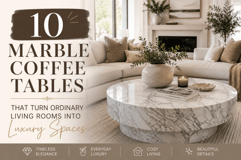 Luxury marble coffee table in a cozy modern living room with elegant neutral decor and timeless American home style
