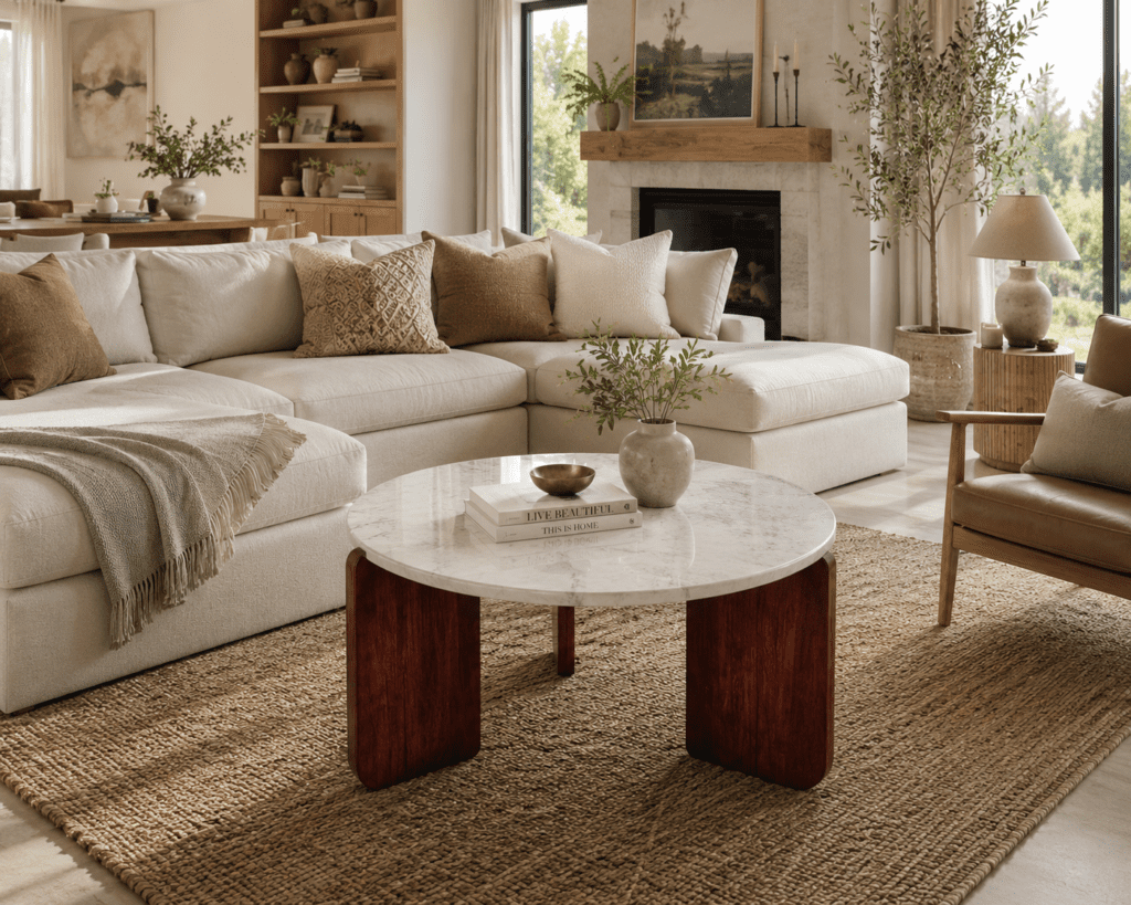 Round marble coffee table creating a refined and welcoming atmosphere.