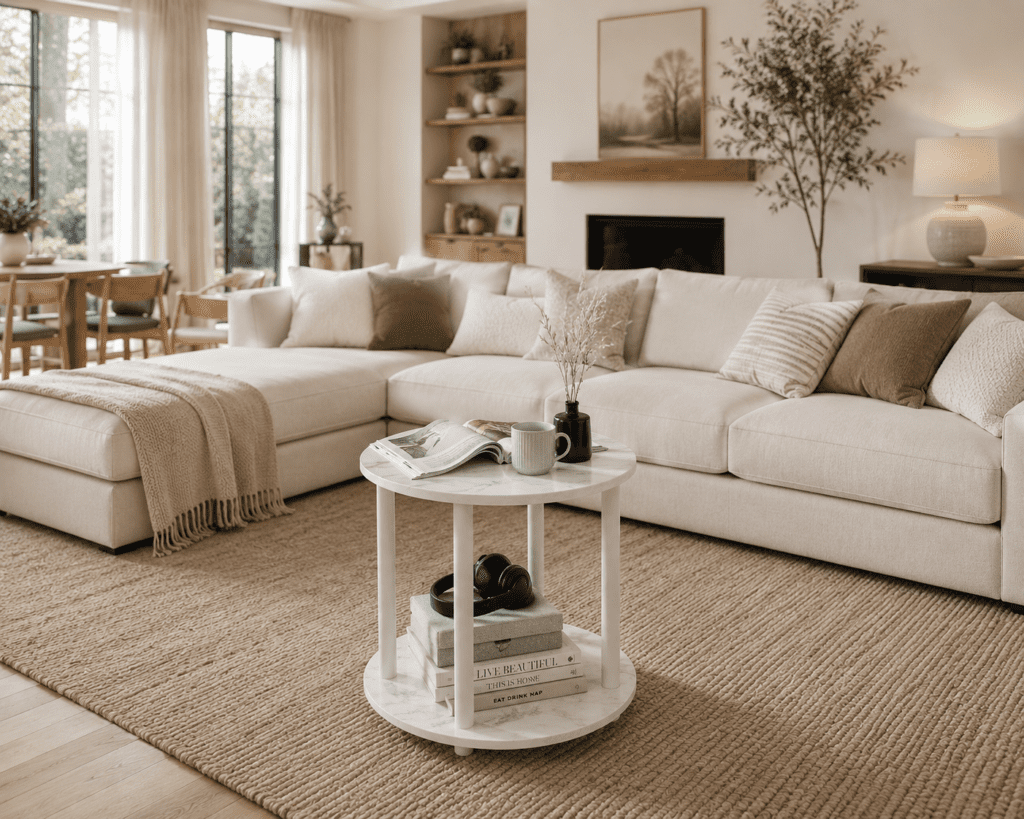 White marble coffee table styled with soft textures and neutral decor.