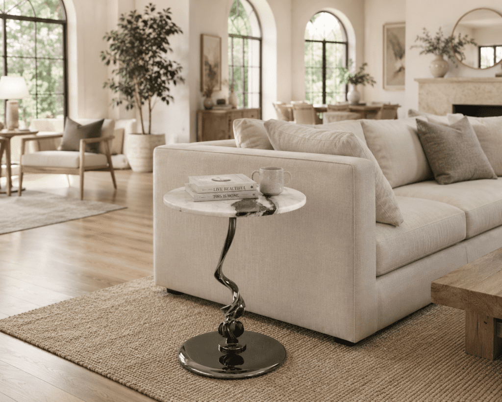 Marble coffee table with sculptural base in a luxury-inspired living room.