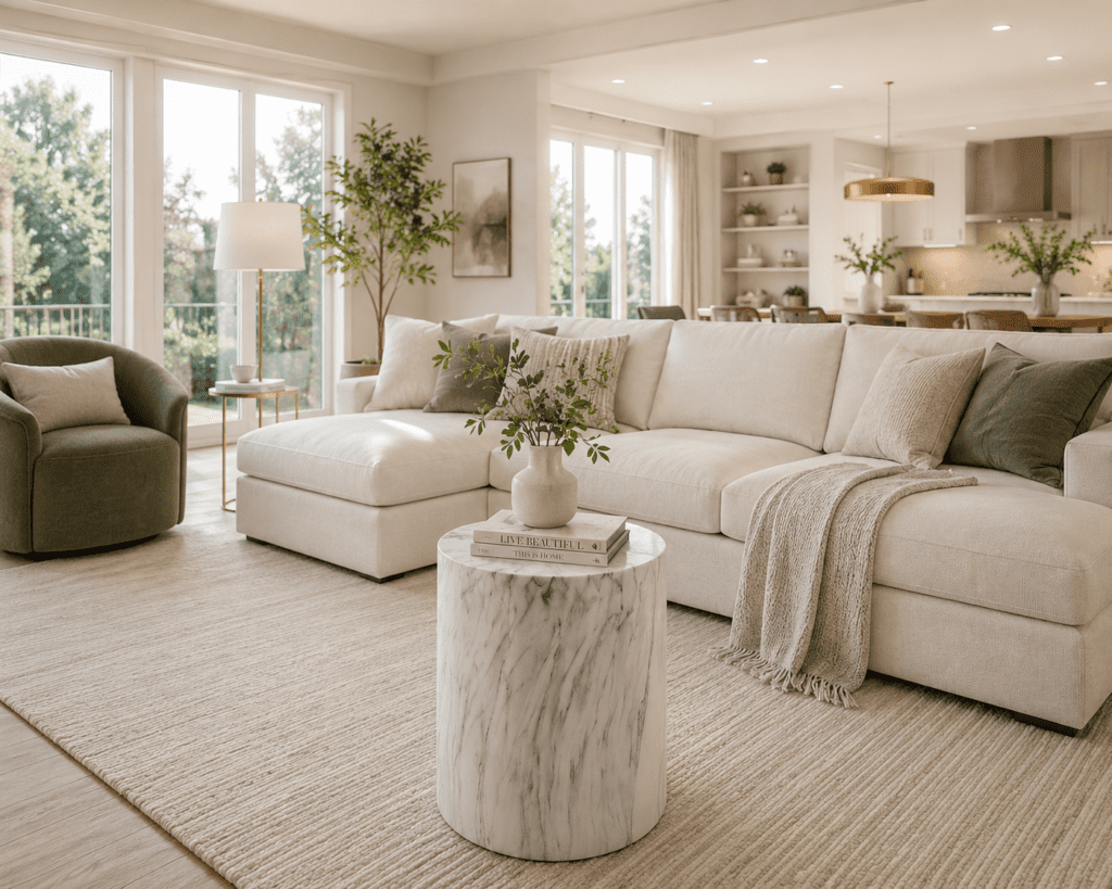 Marble table paired with cozy furnishings and elegant home decor.