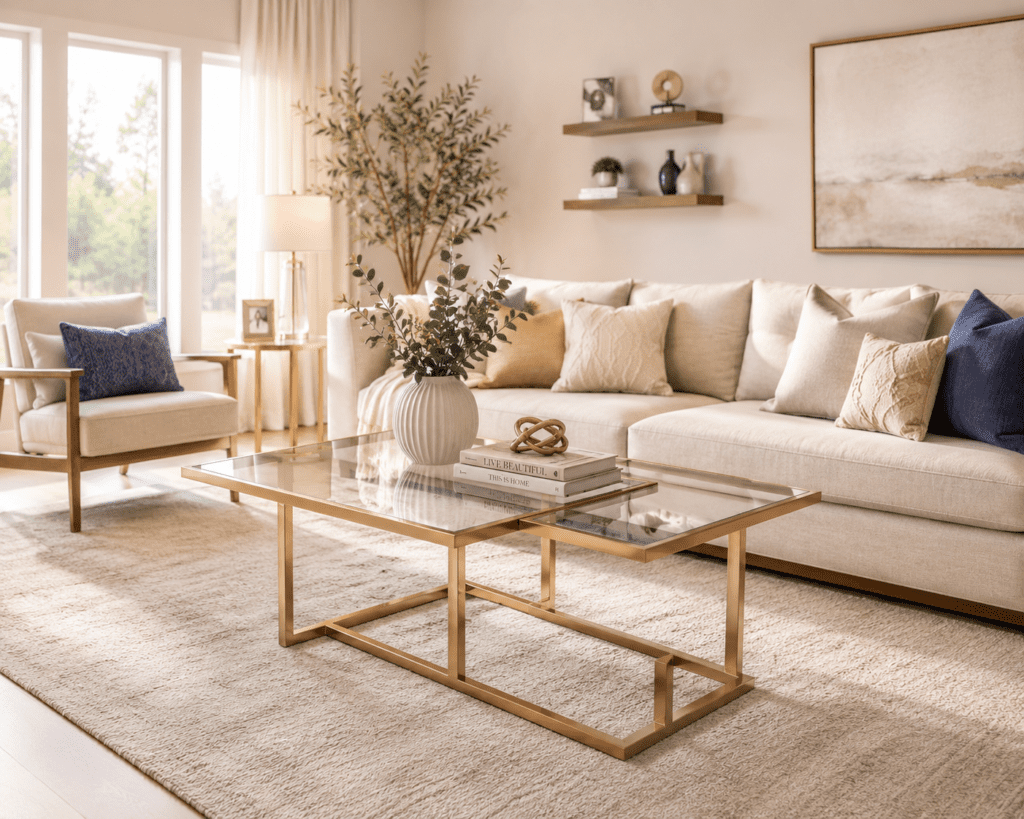 Glass and marble-inspired coffee table in a warm and inviting living room