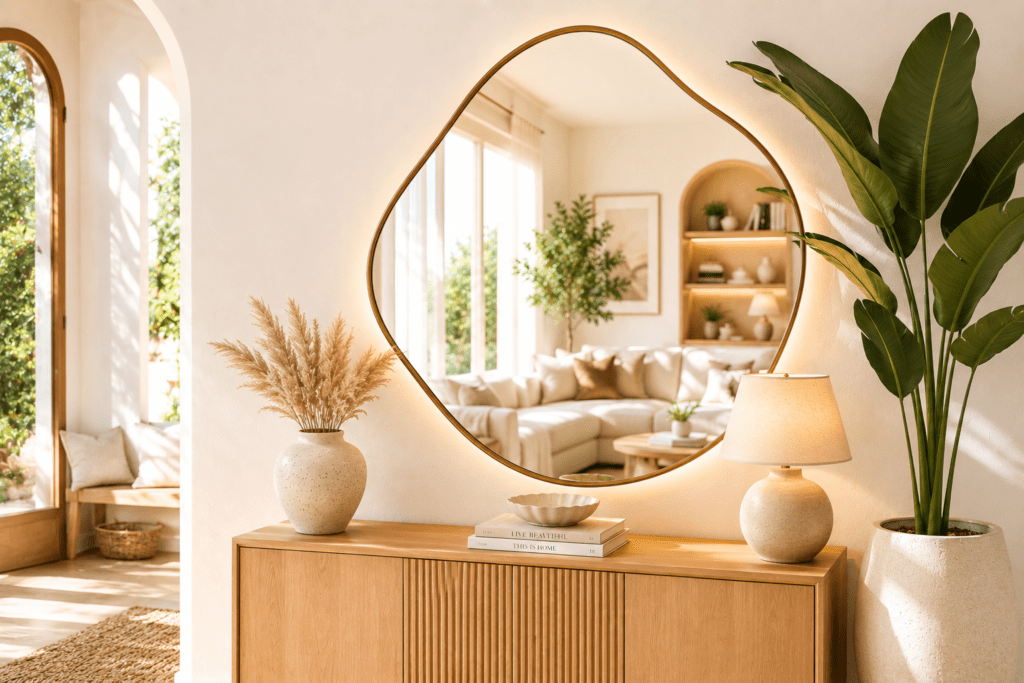 Organic mirror above a light wood console table in a bright cozy living room with natural decor and large indoor plant