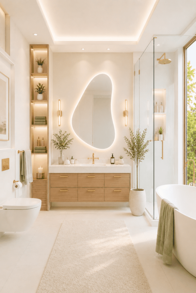 Modern bathroom featuring an organic shaped mirror, floating wood vanity, soft lighting, and airy spa-inspired decor