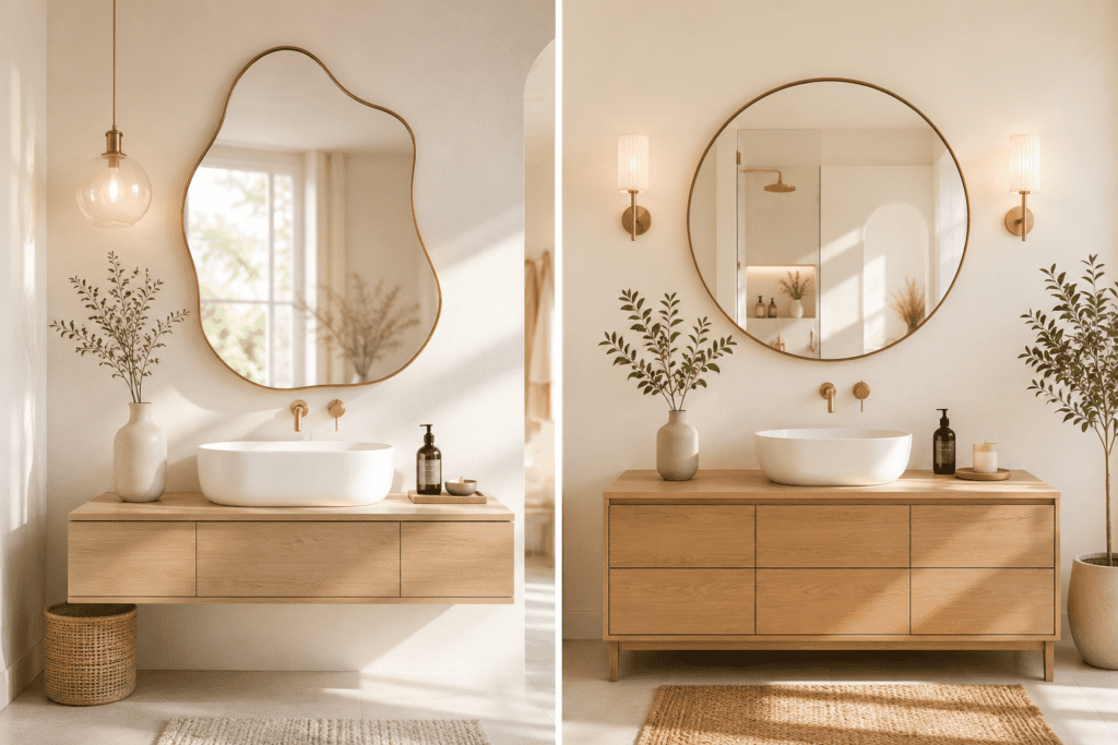 Side-by-side comparison of round mirror and organic mirror styles in a bright modern bathroom with warm neutral decor