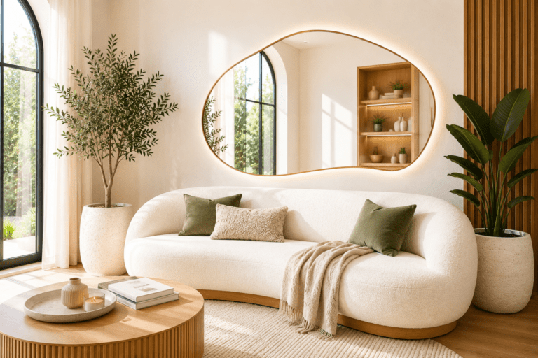Bright organic living room with a curved boucle sofa, oversized asymmetrical mirror, natural wood accents, and large statement plants creating a cozy modern atmosphere.