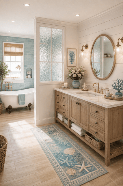 Modern blue bathroom with textured wave-pattern walls, freestanding white tub, soft lighting, and clean contemporary styling
