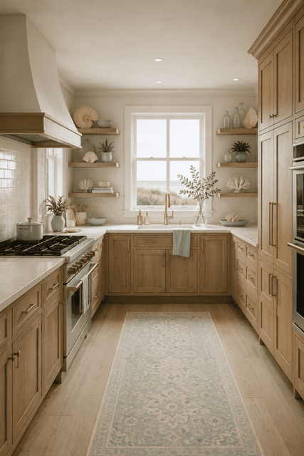 cozy kitchen ideas with open shelves and warm modern kitchen styling