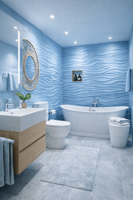 Elegant coastal bathroom featuring soft blue wall tiles, a freestanding bathtub, warm wood vanity, gold fixtures, and natural sunlight.