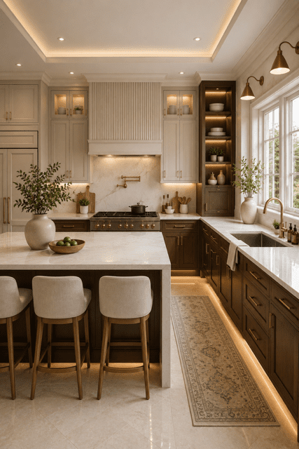 cozy kitchen ideas with open shelves and warm modern kitchen styling