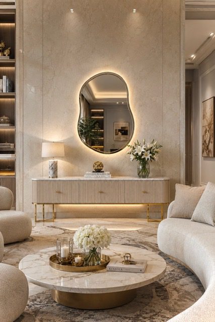 Modern luxury mirror wall decor with marble vanity and soft ambient lighting