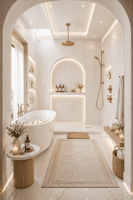 Bright coastal spa bathroom with a soaking tub, woven rug, floating wood shelves, soft neutral decor, and relaxing beach-inspired styling.