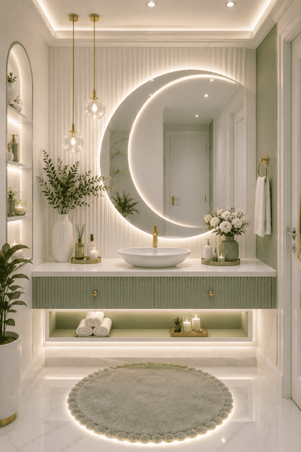 Sage green bathroom vanity featuring a large round mirror, pendant lights, and elegant modern styling