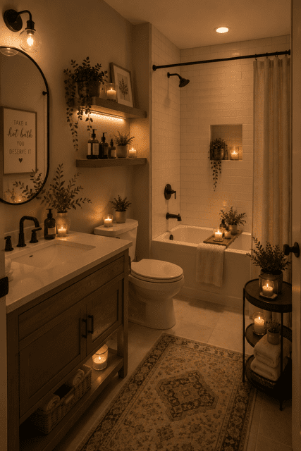 Cozy home decor ideas featuring a stylish bathroom with candles, wood accents, warm lighting, soft textiles, and a comfortable spa-like design.