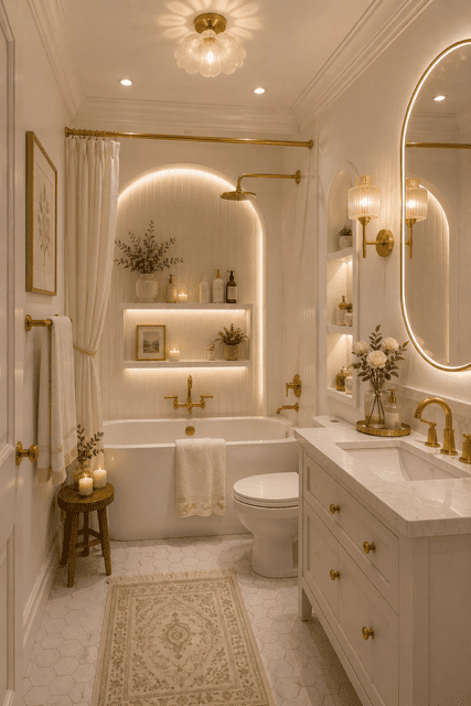 Cozy luxury bathroom with warm lighting, white vanity, gold fixtures, decorative shelves, candles, and elegant spa-inspired decor.