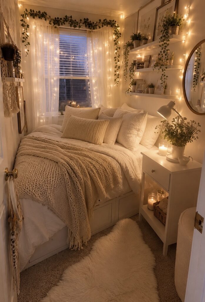 Tiny bedroom with fairy lights, layered blankets, floating shelves, and warm neutral decor creating a cozy retreat.