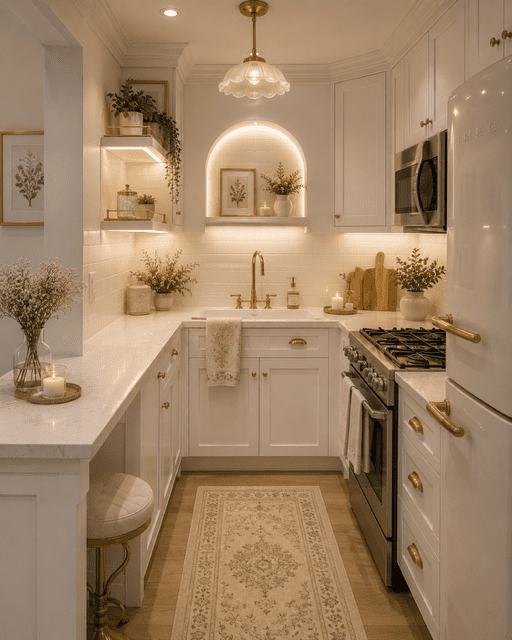 Cozy small kitchen with white cabinets, warm lighting, gold hardware, decorative greenery, and elegant farmhouse-inspired details.