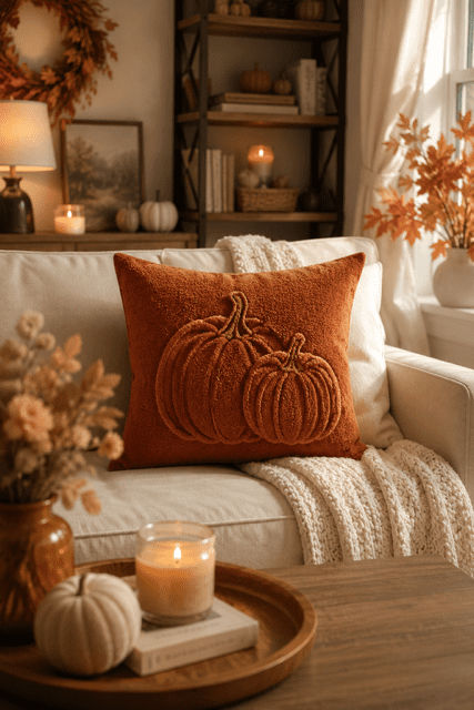 Neutral sofa decorated with pumpkin throw pillows, autumn leaves, candles, knit blanket, and cozy fall decorations.