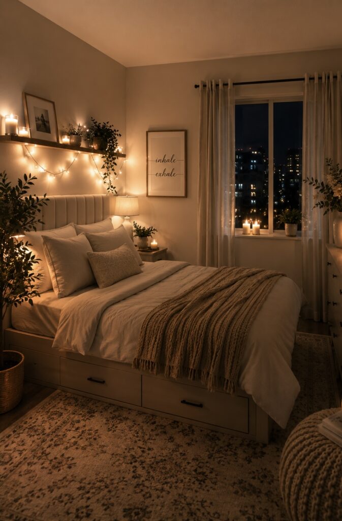 Cozy home decor ideas showing a warm bedroom with soft lighting, plush bedding, decorative pillows, candles, and relaxing evening ambiance.