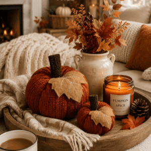 Decorative knitted pumpkins, pumpkin spice candle, autumn leaves, and cozy tray styling for elegant fall home decor.