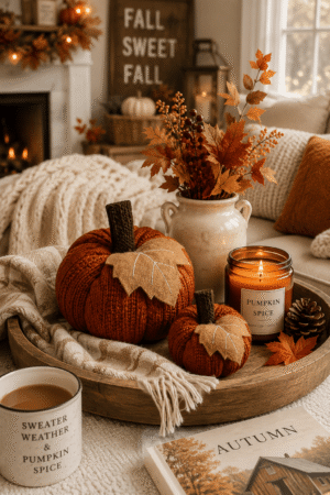 Decorative knitted pumpkins, pumpkin spice candle, autumn leaves, and cozy tray styling for elegant fall home decor.