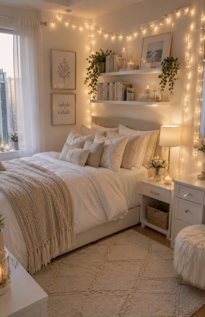 Cozy home decor ideas featuring a soft neutral bedroom with layered bedding, warm string lights, textured blankets, and calming decor accents.