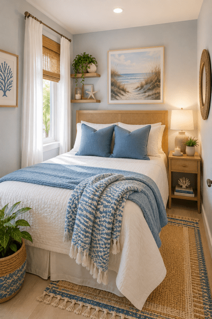 Small coastal bedroom featuring blue bedding, woven headboard, beach wall art, and soft natural textures for a relaxing atmosphere.