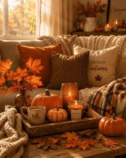Wooden coffee table decorated with pumpkins, cinnamon candle, cozy blankets, maple leaves, and warm fall living room decor.