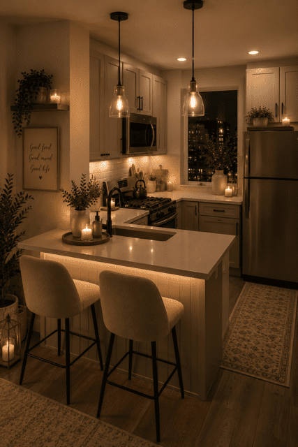 Cozy home decor ideas showcasing a modern kitchen with pendant lights, warm under-cabinet lighting, neutral colors, and welcoming decor details.