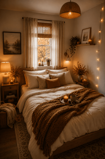 Cream sofa styled with textured pumpkin throw pillows, candles, knit blanket, and warm autumn home decor.