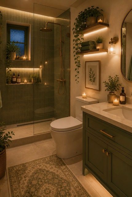 Cozy home decor ideas showcasing a modern bathroom with warm lighting, floating shelves, greenery, elegant fixtures, and a relaxing spa-inspired atmosphere.