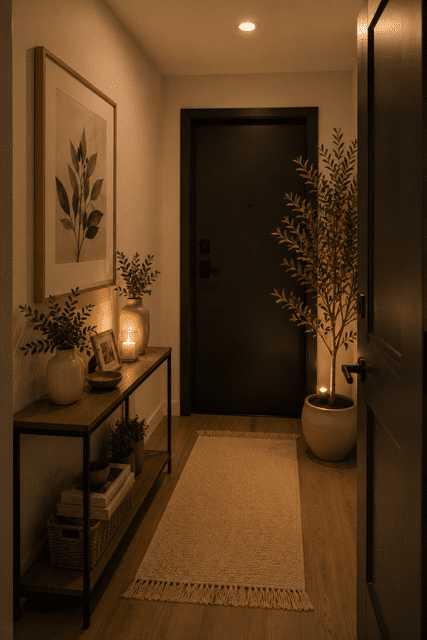 Cozy home decor ideas featuring a welcoming entryway with soft lighting, indoor plants, natural wood furniture, and neutral decorative accents.