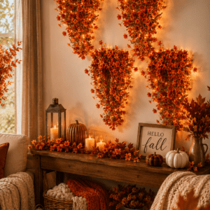 Cozy fall wall decor with glowing autumn florals, candles, pumpkins, and warm farmhouse living room styling.