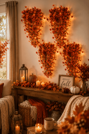 Cozy fall wall decor with glowing autumn florals, candles, pumpkins, and warm farmhouse living room styling.