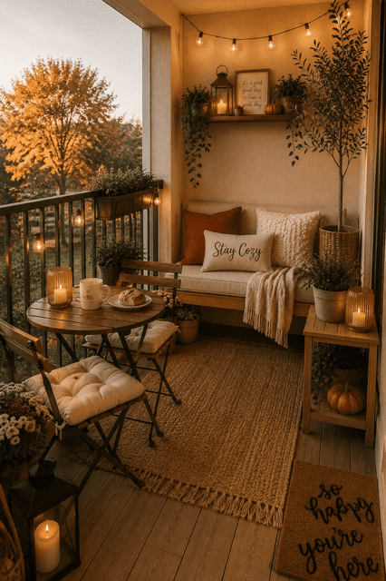 Small apartment balcony decorated with string lights, candles, blankets, pumpkins, and cozy autumn outdoor decor.