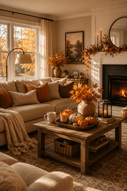 Bright cozy living room with a fireplace, autumn decorations, pumpkins, candles, wooden coffee table, and warm neutral decor.