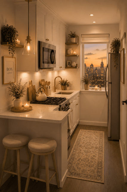Cozy apartment kitchen with warm lighting, white cabinetry, wood accents, bar stools, and stylish space-saving decor.