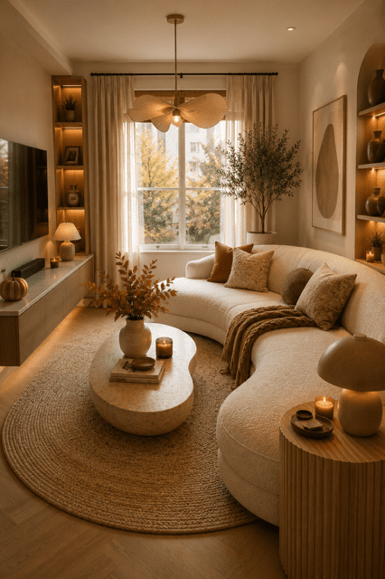 Modern curved sofa living room with neutral decor, candles, fall branches, and warm cozy autumn styling.