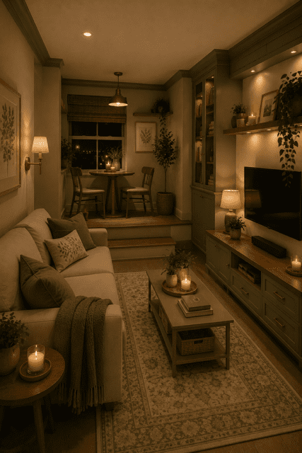 Cozy home decor ideas featuring a warm living room with soft lighting, neutral furniture, candles, layered textures, and a comfortable seating area.